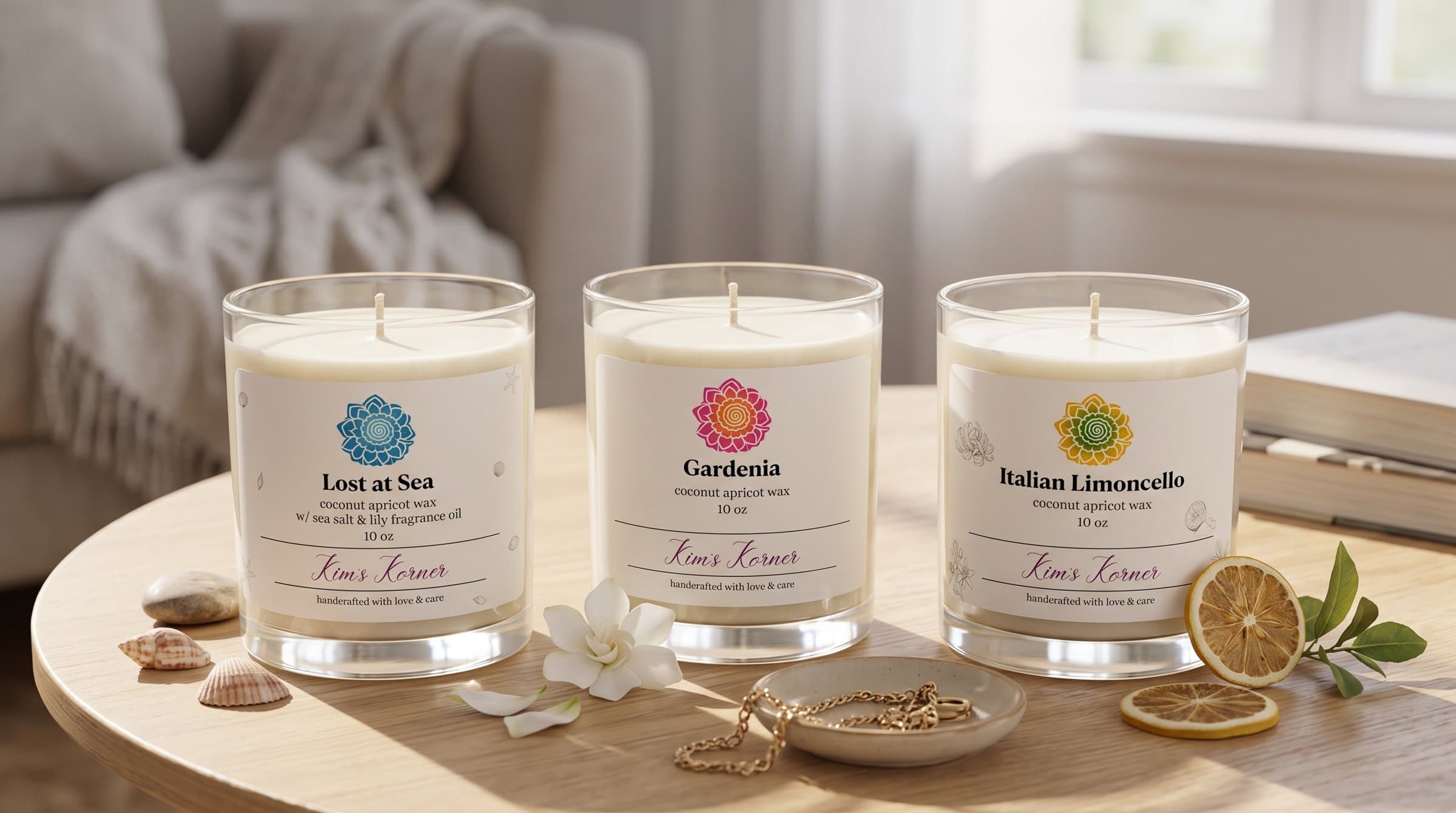 Three Kim's Korner candles — Lost at Sea, Gardenia and Italian Limoncello — on a wooden table.